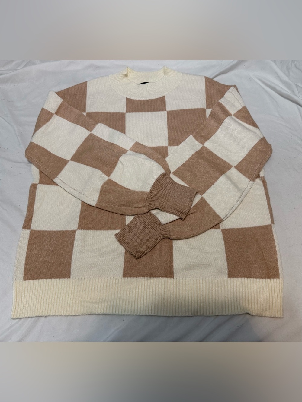 Cesca Cream and Tan Checkerboard Crewneck Sweater